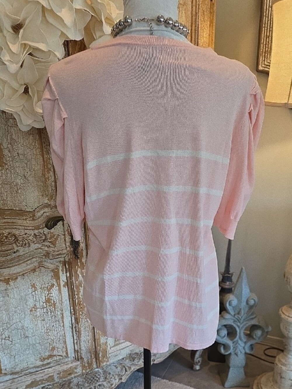 Anne Klein Pink and White Striped Short Sleeve Puff Top - Picture 6 of 10